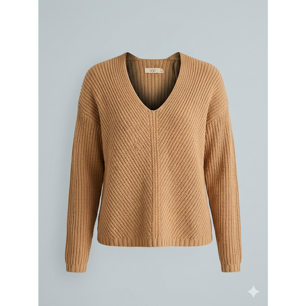 UGG 1107509 Ribbed V-Neck Sweater Tan 100% Cotton Textured Chevron Size S
